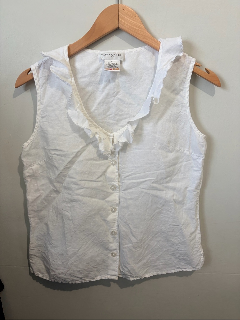 Vintage White Linen Blend Sleeveless Blouse 10 Ruffle Collar Cottagecore - Picture 7 of 7